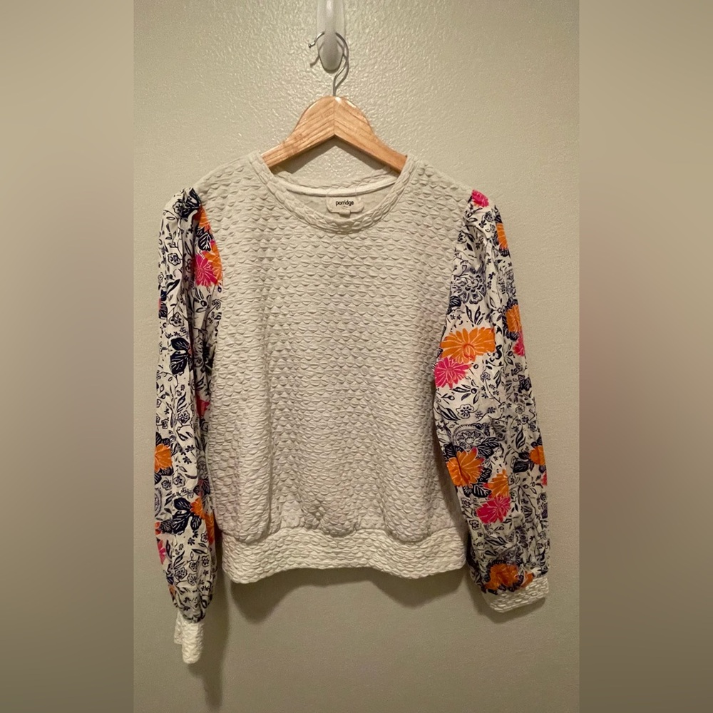 Anthropologie Cream Knit Sweater with Floral Puff Sleeves